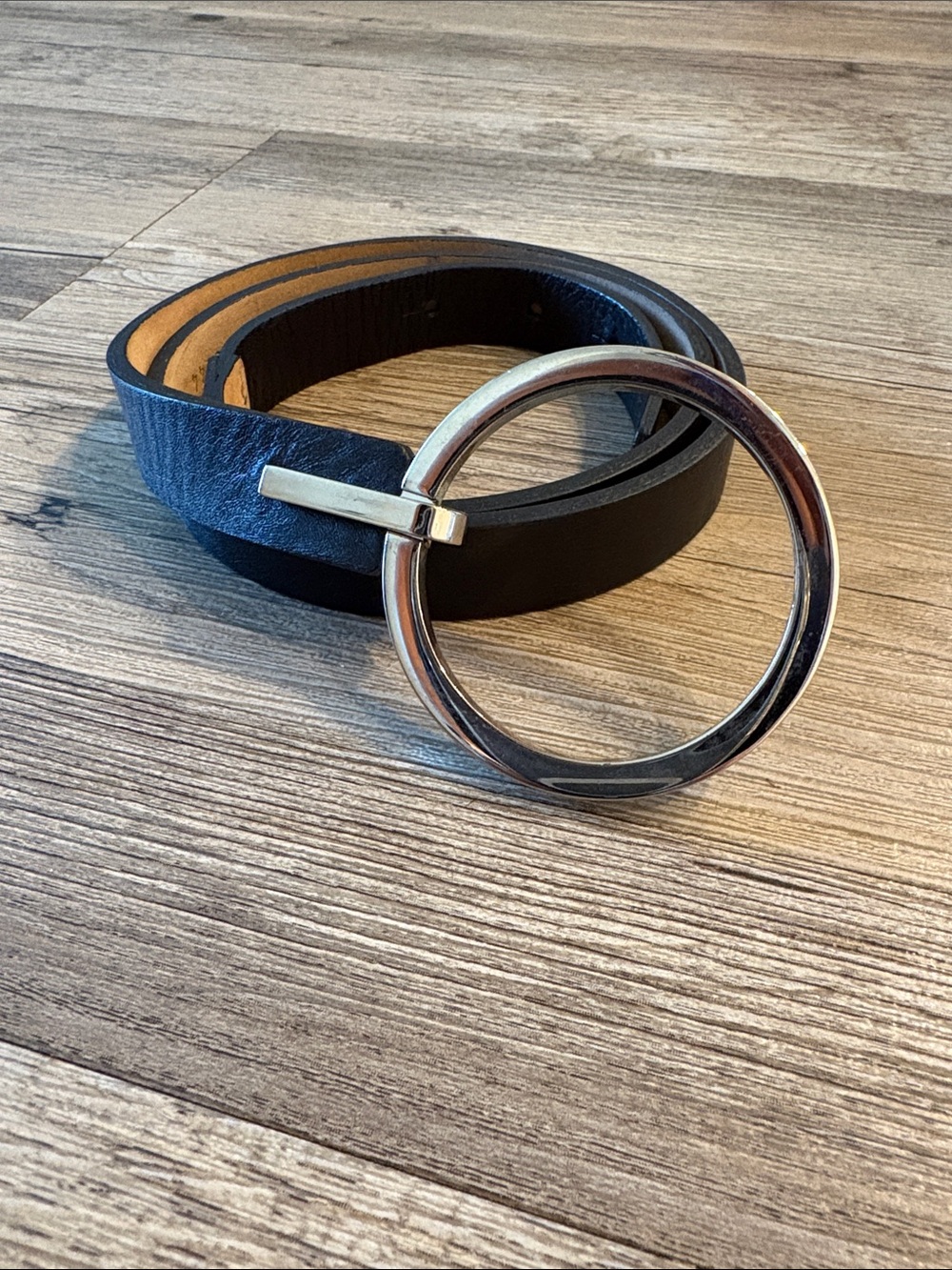 Talbots Black Leather Belt with Large Silver Ring Buckle